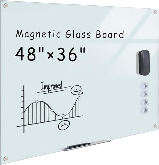 Mifuro Magnetic Glass Whiteboard，48"x36" Wall Mounted Frameless Dry Erase Board for Office, Home & School White