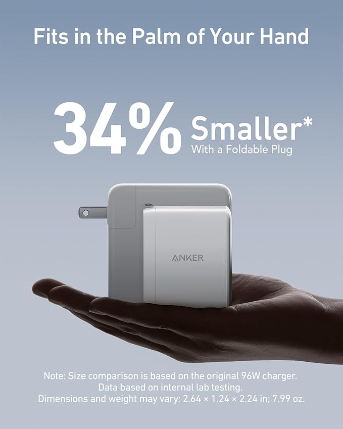 Anker Nano 100W USB-C Charger, 3-Port Fast Compact GaN Charger for MacBook Pro/Air, Pixelbook, ThinkPad, Dell XPS, iPad Pro, iPhone 16 Series, Galaxy S23, and More (1 Pack & 1 Cable) (White)