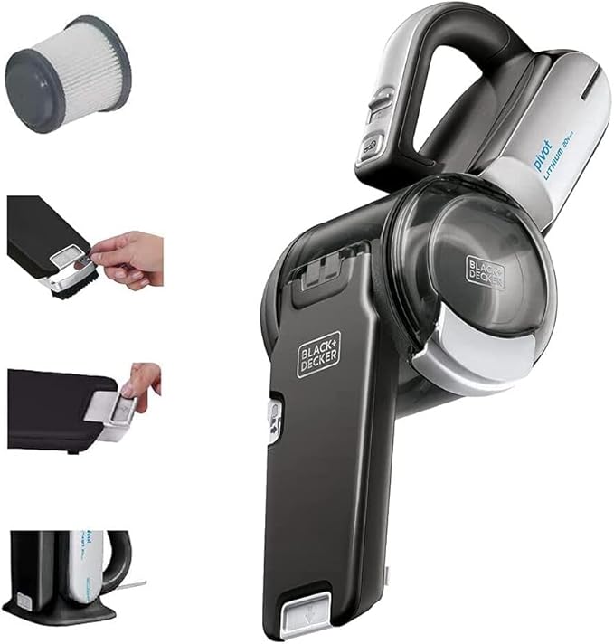 BLACK+DECKER dust buster PIVOT VAC Handheld Vacuum Cordless, Car Vacuum Portable Rechargeable, Extendible Crevice Tool and 200 Degree Pivoting Nozzle, Strong Suction, Lightweight (BDH2000PL)