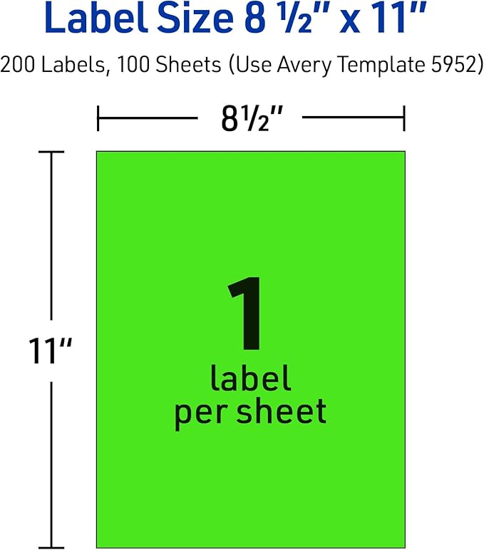 Avery Printable Shipping Labels, 8-1/2" x 11", Neon Green, Laser & Inkjet Compatible, 100 Blank Labels Total, Great for Branding, Mailing, Organizing, and More (5940)