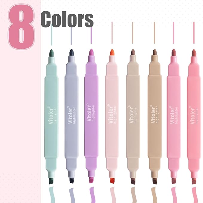 Vitoler Highlighters Assorted Colors,8pcs Dual Tip Pastel Colors Highlighters for Bible Study, Teacher Supplies