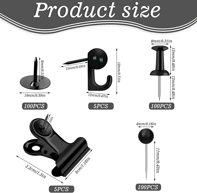 310 Pcs Push Pins Set, Black Thumb Tacks Decorative Push Pins for Cork Board with Push Pin Hook Pushpin Clip 5 Style Office Accessories for Cork Board Map Office (Black)