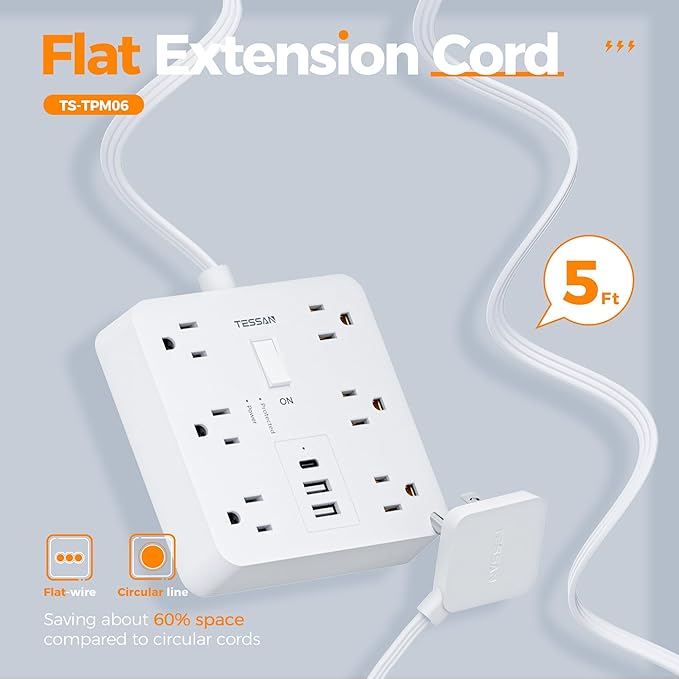 Surge Protector Power Strip with 1700 Joules Protection, TESSAN 5FT White Extension Cord with 6 AC Outlets, 3 USB Ports(1 USB C), Multiple Outlets Flat Plug Power Strip, for Home Office Dorm