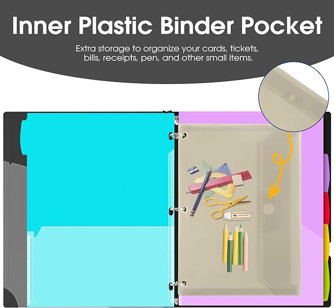 INFUN 1 Inch 3-Ring Telescoping Project Organizer Binder,13 Pocket, Customizable Front Cover, 5 Colors Pocket Divider and Plastic Binder Pocket，225 Sheet Capacity-Black
