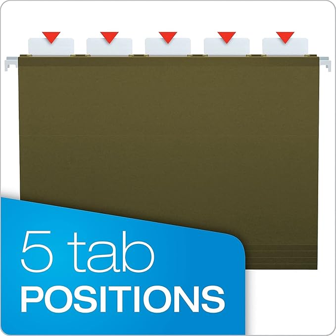 Pendaflex Ready-Tab Reinforced Hanging File Folders, Letter Size, Standard Green, 5 Tab, 25/BX (42590)