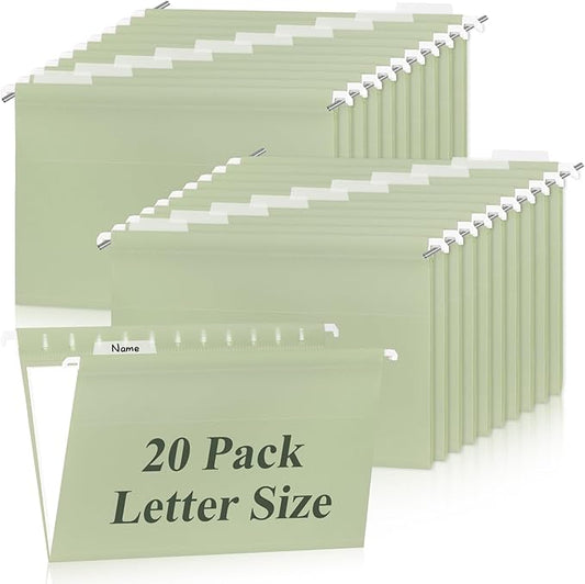 Letter Size Green Hanging File Folders Hanging Document Folder Plastic Transparent Hanging File Folder for File Cabinets Document Filing (20, Sage Green)