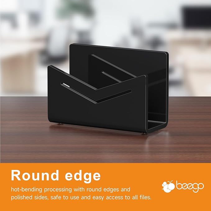 Beego Envelope and Mail Organizer Countertop - Black Acrylic Desk Organizer Letter Holder Desktop File Sorter Bill Document Folder Rack for Office, Home, School Desk Organization