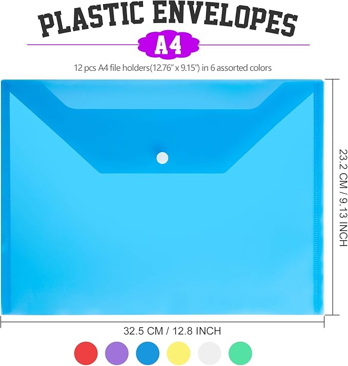 LEOBRO Plastic File Folders, 12 PCS A4 Plastic Envelopes with Snap Closure, Folders for Document, Reusable File Bags, Document Holder, for School Office