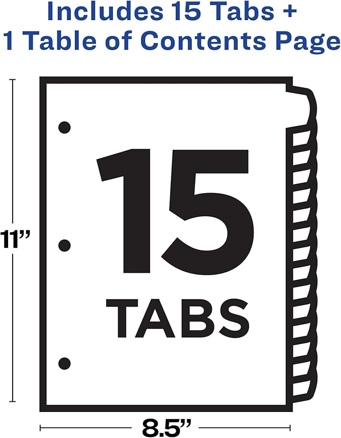 Avery Dividers for 3 Ring Binders, 15 Tabs per Set, Customizable Table of Contents, Multicolor Arched Tabs, Great for Organizing Reports, Projects, and More (11845)