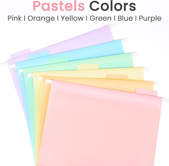 Sooez Tear-Resistant Plastic Hanging File Folders Letter Size, 12 Count File Organizer Suitable for File Cabinet Filing Cabinets, 1/6-cut Adjustable Tabs for Office, School, Pastels Colors, Pink