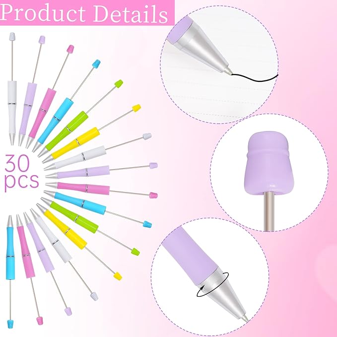 jiebor 30Pcs Beadable Pens Plastic Bead Ballpoint DIY Cute Cool Pens Black Ink for Women Men Bridal Graduation Gift Office Supplies White Yellow Green Blue Purple