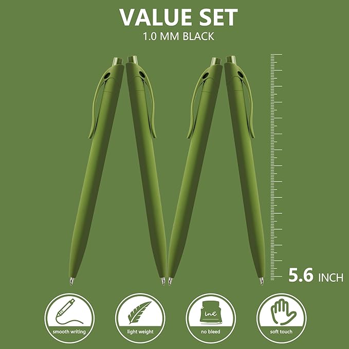 deegtran 100 Pack No Bleed Sage Green Barrel Click Pens, Wholesale Retractable Ballpoint Pens, Medium Point, Smooth Ink, 1.0MM Black Ink