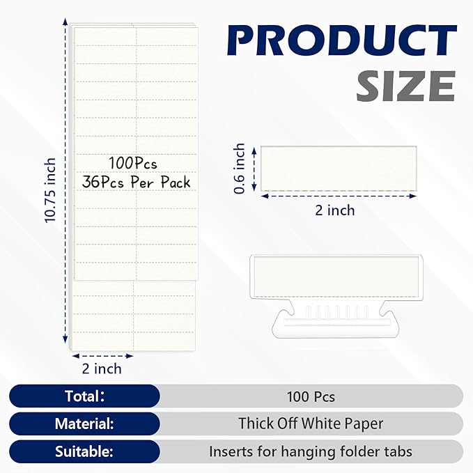100 Pack Hanging File Folder Paper Inserts 2 Inch Off White Blank Cardstock File Tab Inserts for Hanging Folder (2×0.6 inch)(No Tabs)