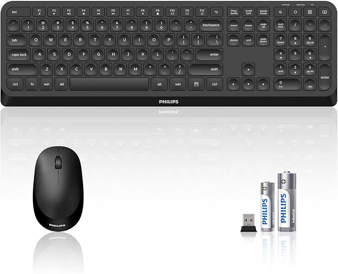 PHILIPS Quiet Wireless Keyboard and Mouse Combo, Silent Keyboard and Mouse Wireless Combo for Laptop PC Computer, Connects with Only One USB-A Dongle, No Bluetooth