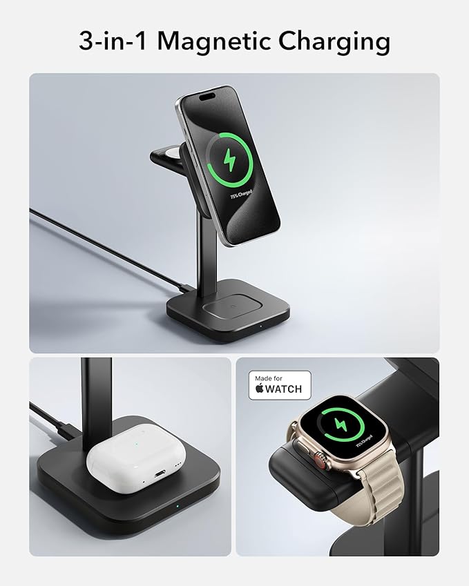 ESR 3 in 1 Wireless Charging Station for Apple[Certified] Portable Apple Watch Charger & MagSafe Charger Stand, Wireless Charger for Multiple Devices iPhone 17/16/15/14/13/12&Watch&AirPods, Black