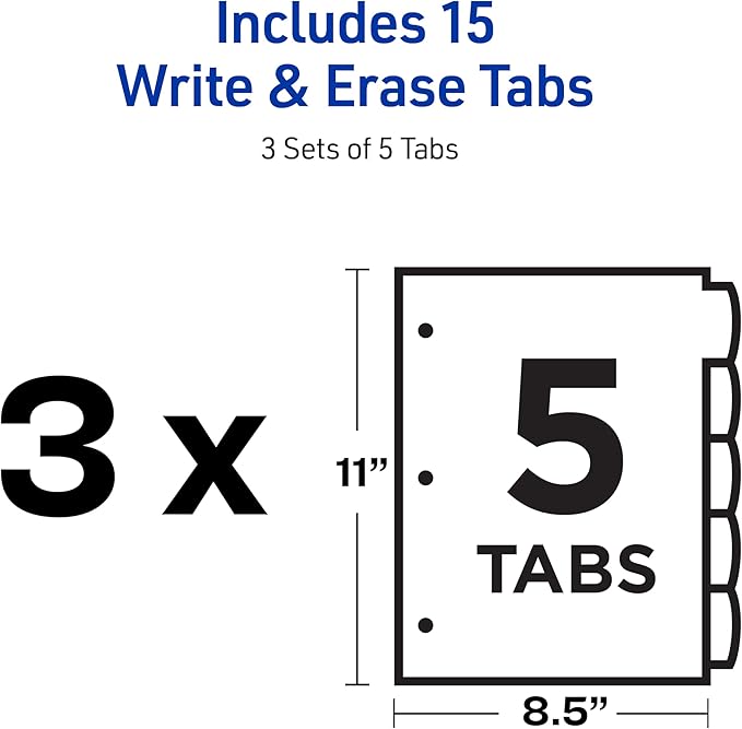 Avery Write & Erase 5 Tabs Pastel Plastic Divider for 3 Ring Binders, 3 Sets (5 Colors)