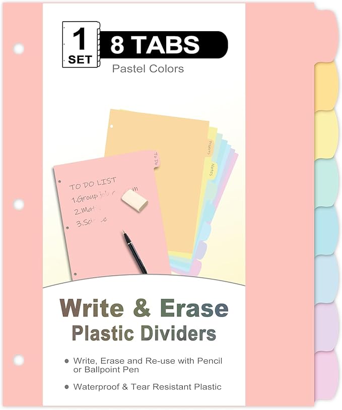 8 Count/1 Set Write & Erase Binder Dividers with Tabs, Plastic 8 Tab Dividers for 3 Ring Binder Letter Size, Separators for Student School Home Office Document Organizer, Pastel