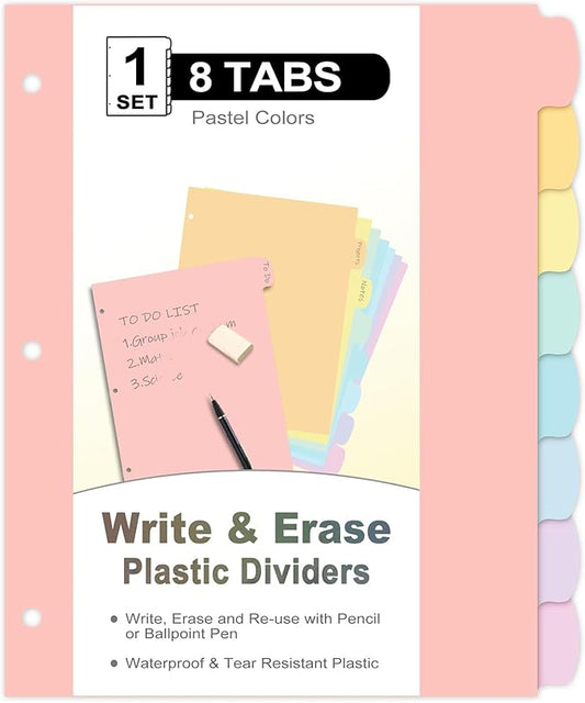 8 Count/1 Set Write & Erase Binder Dividers with Tabs, Plastic 8 Tab Dividers for 3 Ring Binder Letter Size, Separators for Student School Home Office Document Organizer, Pastel