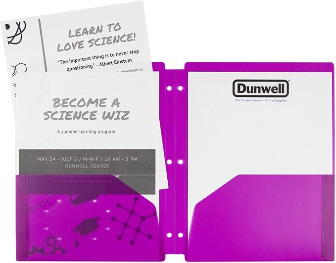 Dunwell Plastic 2-Pocket Folders for 3-Ring Binders, (12 Pack, Assorted Colors) 3 Hole Punched, Divider Folder for Notebook, Durable Poly, Fits 8.5x11 Sheets, Includes Labels
