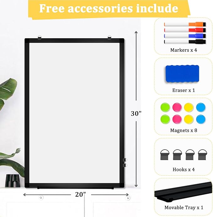 Double-Sided Magnetic Whiteboard, 24" x 18" Dry Erase Board Black Aluminum Frame for Wall, White Board Dry Erase Marker Board for Kitchen, Memo, School, Home, Office