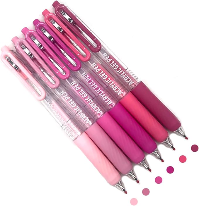 6 Pcs Acrylic Gel Pens 0.7mm Quick Dry Colorful Fine Point Smooth Writing Ballpoint for Adult Coloring, Black Paper, Drawing, Journaling, Note Taking, Sweet Pink