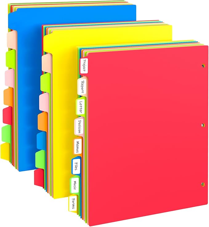 Binder Dividers with Tabs, Sturdy Plastic 3 Ring Binder with 8-Tabs, Colorful Page Protectors for School, 3 Set (24 Pcs)
