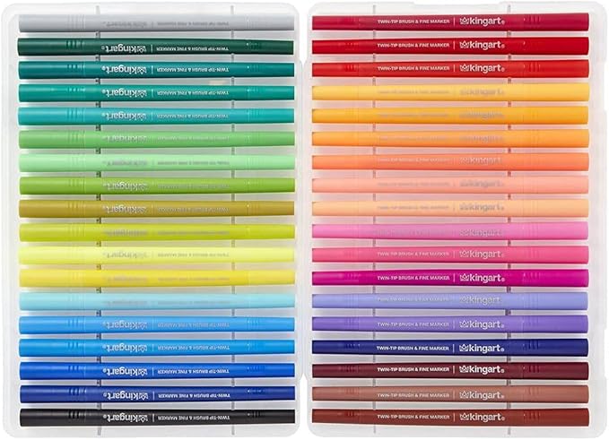 KINGART Dual Tip Brush Markers Art Pen Set, Artist Fine and Brush Tip Colored Pens, for Drawing, Lettering Calligraphy Journaling, Bible, Crafts, Set of 36 Bright Colors in Travel Storage Case