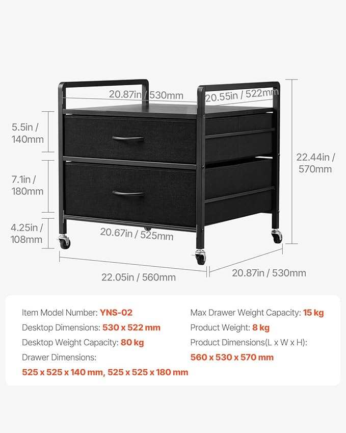 VEVOR Mini Fridge Stand with Storage, 176 lb-Capacity Mini Fridge Table with 2 Drawers & 4 Swivel Wheels, Mobile Mini Fridge Shelf, Black Mini Fridge Organizer for Dorm, Apartment, Office, Bedroom