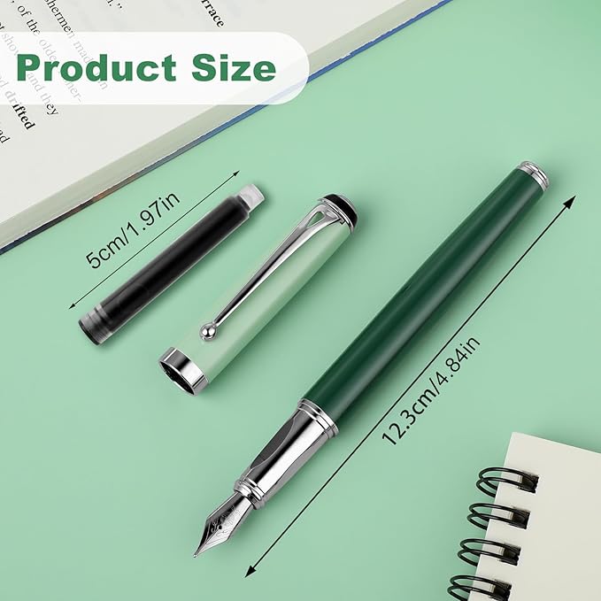 cobee Metal Fountain Pens with 10 Black Ink Cartridges, 0.5mm Fine Nib Fountain Pen Smooth Writing Luxury Calligraphy Pen Office School Supplies Gift(Green)