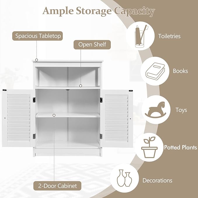 COSTWAY Bathroom Storage Cabinet, Wooden Side Storage Organizer with Louver Doors & Removable Shelf, Freestanding Floor Cabinet for Living Room, Kitchen, Entryway (White)