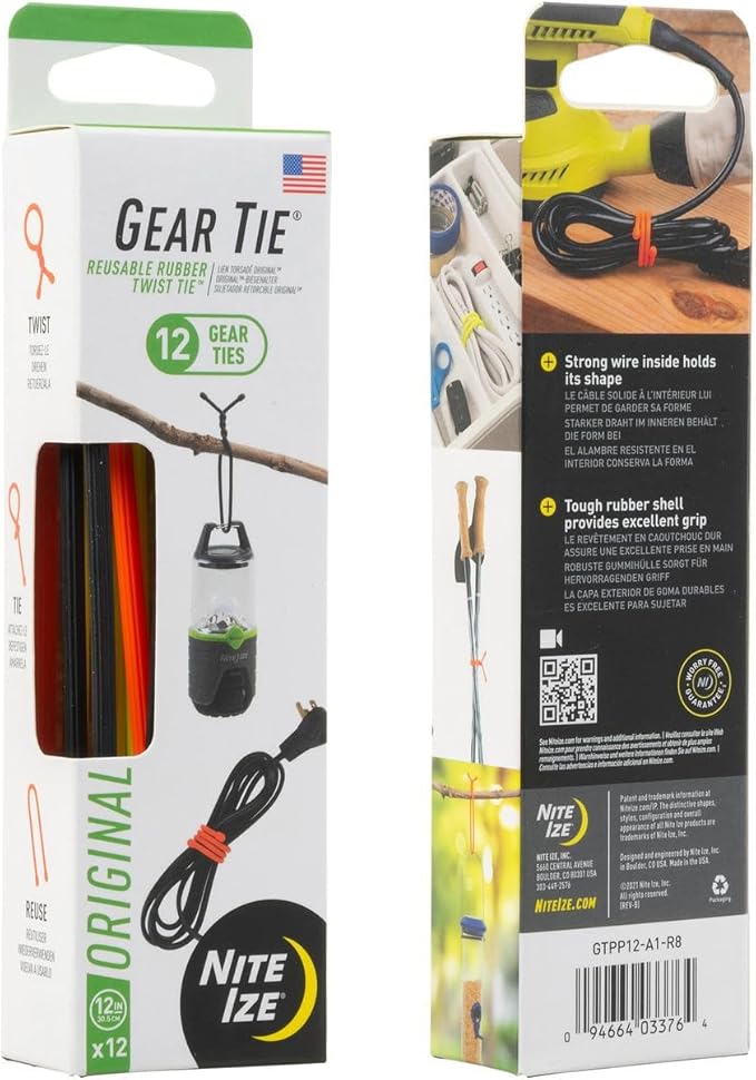 Nite Ize Original Gear Inch, Assorted, 12 Count Pro Pack, Made in The USA (GTPP12-A1-R8) Reusable Rubber Twist Tie, 12 Pack, Colors May Vary