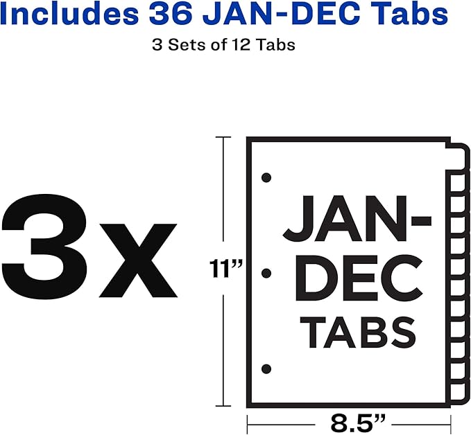 Avery Jan-Dec Dividers for 3 Ring Binders, 12 Tabs per Set, Pre-Printed Black Leather Tabs, Great for Organizing Records, Reports, Finances, and Other Important Documents (3 Sets of 26180)
