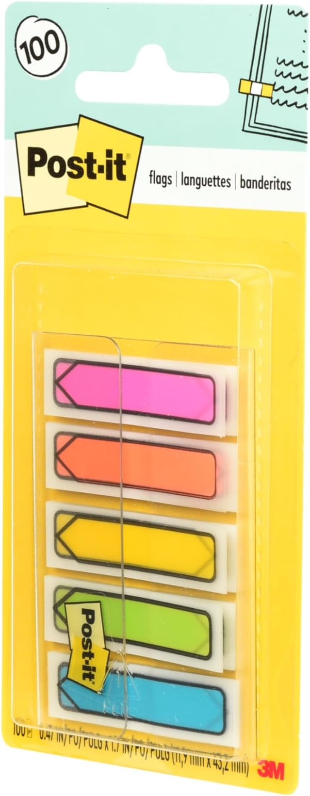 Post-it Arrow Flags, Assorted Bright Colors, .47 in Wide, 100/On-the-Go Dispenser, 1 Dispenser/Pack (684-ARR2)
