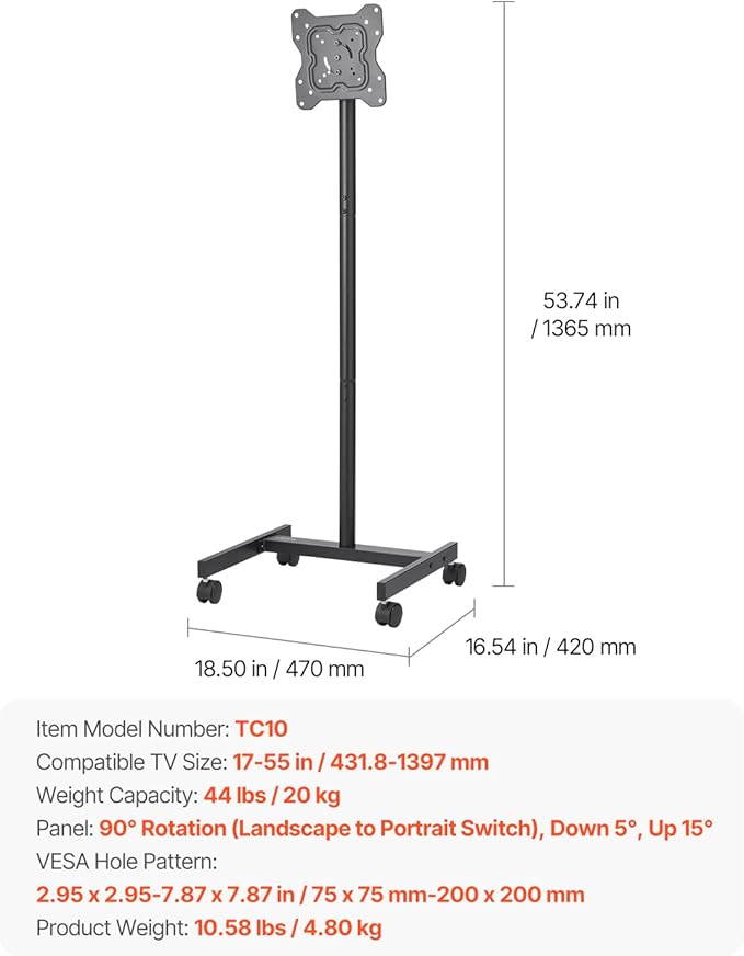 VEVOR Rolling TV Stand, Mobile TV Cart for 17-55 Inch Screens, Portrait to Landscape, Portable TV Stand with Wheels Holds up to 44 lbs for Living Room, Bedroom, Office, Outdoor, Max VESA 200x200mm