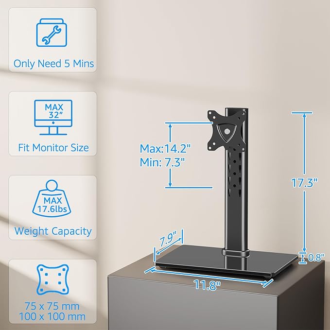 MOUNTUP Monitor Stand for Desk, Freestanding Monitor Mount Fits 13-32 inch Screen up to 17.6 lbs, Screen Stand with Swivel, Height, Rotation Adjustment, VESA Mount 100 x 100mm, 75 x 75mm (Pack of 2)