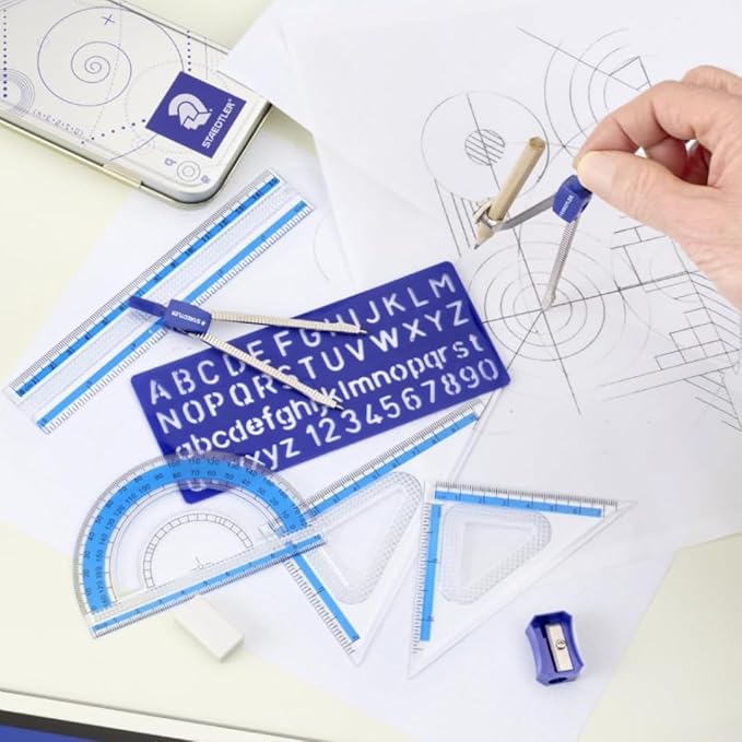 STAEDTLER 10-Piece Math Set with Metal Compass 36-Pack (36 Sets of 10 pcs), 6" Ruler & Triangle Squares, 45° & 30/60° Set Squares, Alphabet Stencil - Measuring Tools, 360 Count