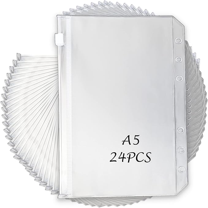 Tutata 24PCS A5 Binder Pockets, A5 Budget Envelopes with Zipper, Waterproof, 6-Ring Notebook Binder, Document Filing Bags
