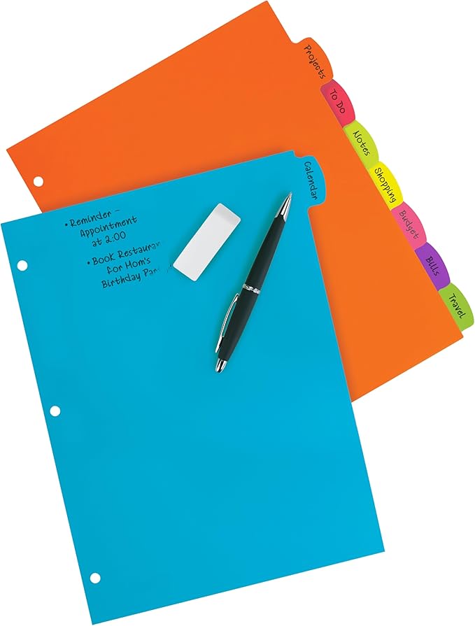 Avery Write & Erase 8 Tabs Plastic Divider for 3 Ring Binders, 6 Sets (8 Colors)