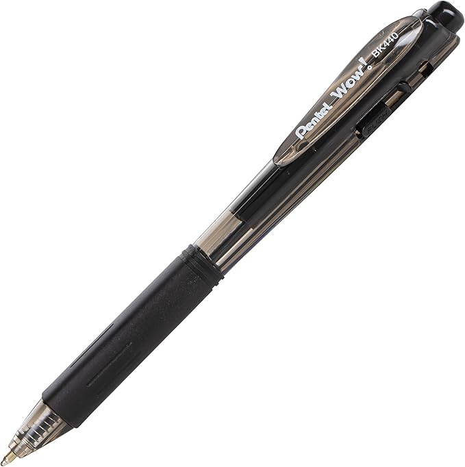 Pentel Wow! Retractable Ballpoint Pen, (1.0mm), Medium Line, Black Ink, Box of 12(BK440-A)