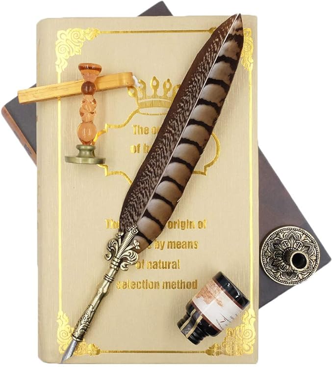 GC QUILL Antique Quill Pen Unique Half-Patterned Feather Pen Set with 6 Nibs 1 Bottle of Ink 1 Seal Stamp 1 Pen Holder 1 Sealing Wax LL-149