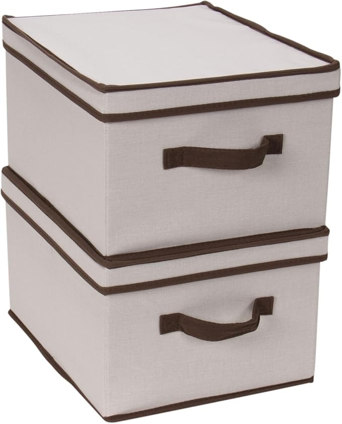 Household Essentials 513 Storage Box with Lid and Handle - Natural Beige Canvas with Brown Trim - Large