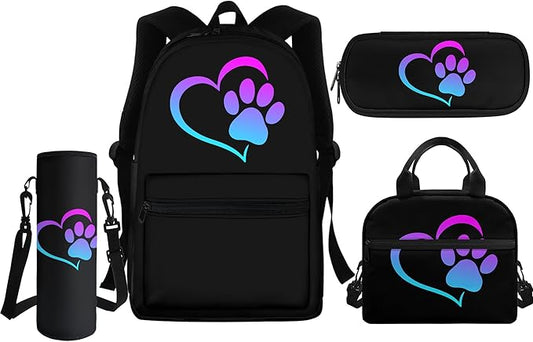 4pcs/set Kids School Backpack Set with Lunch Bax Dog Paw Print Backpacks for Teen Girls Boys 8-10 12-16 Children Middle School Bookbag with Pencil Pouch Water Bottle Sleeve