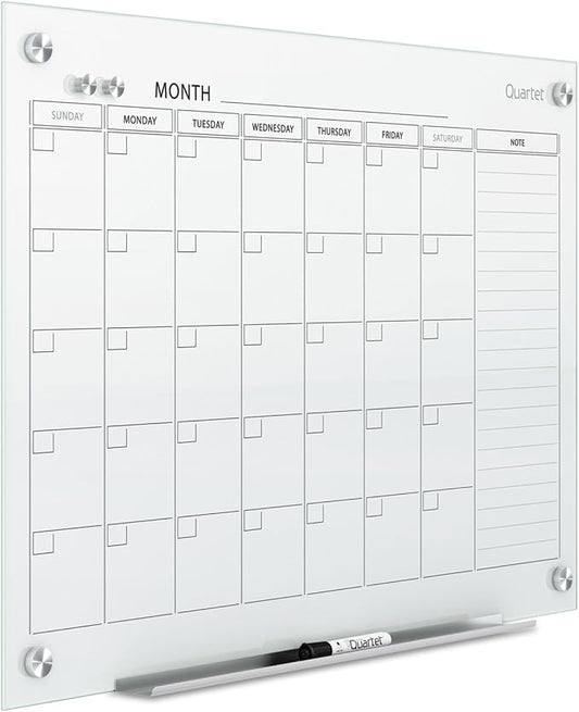 Quartet Magnetic Whiteboard Calendar, 36"' x 24", Glass Dry Erase White Board Planner for Homeschool Supplies & Home Office Organization, 2 Magnets, 1 Dry Erase Marker, Frameless Infinity (GC3624F)