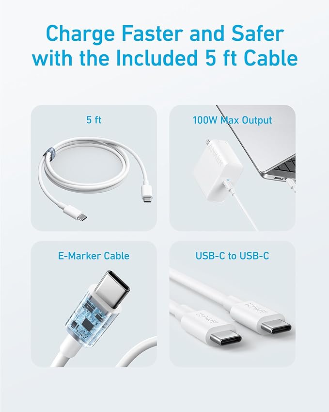 Anker MacBook Pro Charger, Compact and Foldable 100W USB C Charger for MacBook Air, Samsung Galaxy, iPad Pro, and More, 5FT USB C Cable Included