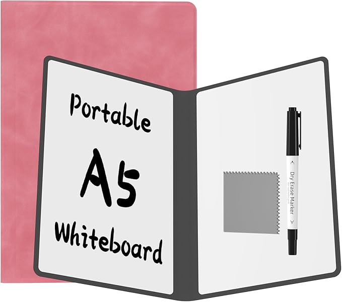 Portable Dry Erase Board,Reusable Whiteboard Notebook, Double-Sided White Board PU Cover 9.5"x6.6" with Marker,Wipe Cloth (Pink)