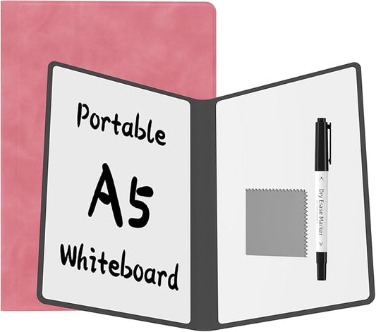 Portable Dry Erase Board,Reusable Whiteboard Notebook, Double-Sided White Board PU Cover 9.5"x6.6" with Marker,Wipe Cloth (Pink)
