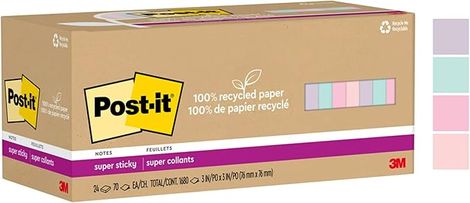 Post-it 100% Recycled Paper Super Sticky Notes, 3 in. x 3 in., 24 Pads, 70 Sheets per Pad, Wanderlust Pastels, New Year Organization or Second Semester School Supplies