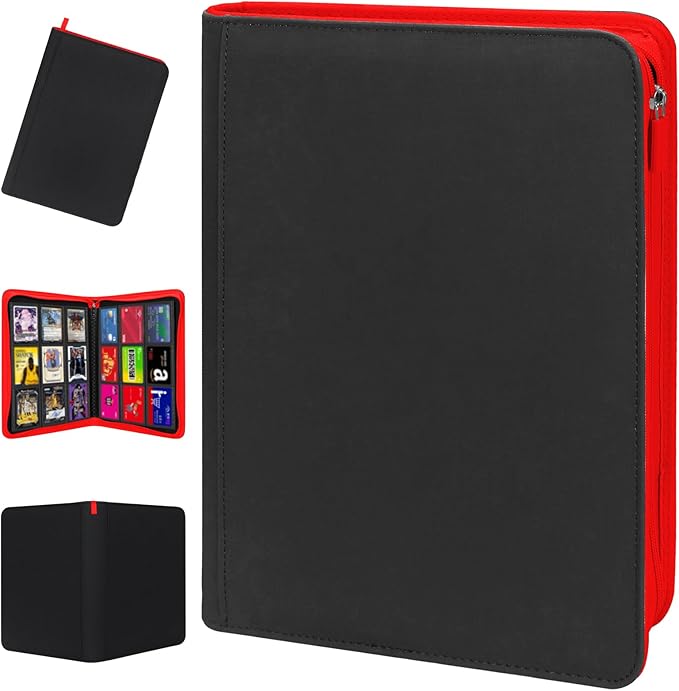 Premium Trading Card Storage Album,9 Pocket 40 Side Pages, 360 Cards,Black Zipper Binder for Collectible Games, Sports Card Organization&Protection (Black Red)
