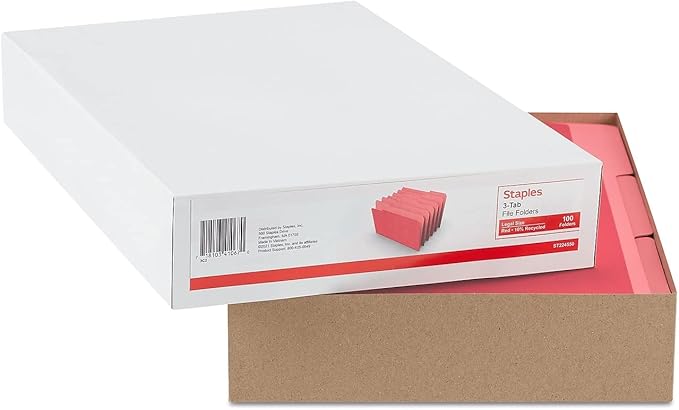 Staples Colored File Folders, Legal Size, 3‑Tab Top‑Tab Design, Red, Durable Paper Stock, 100/Pack