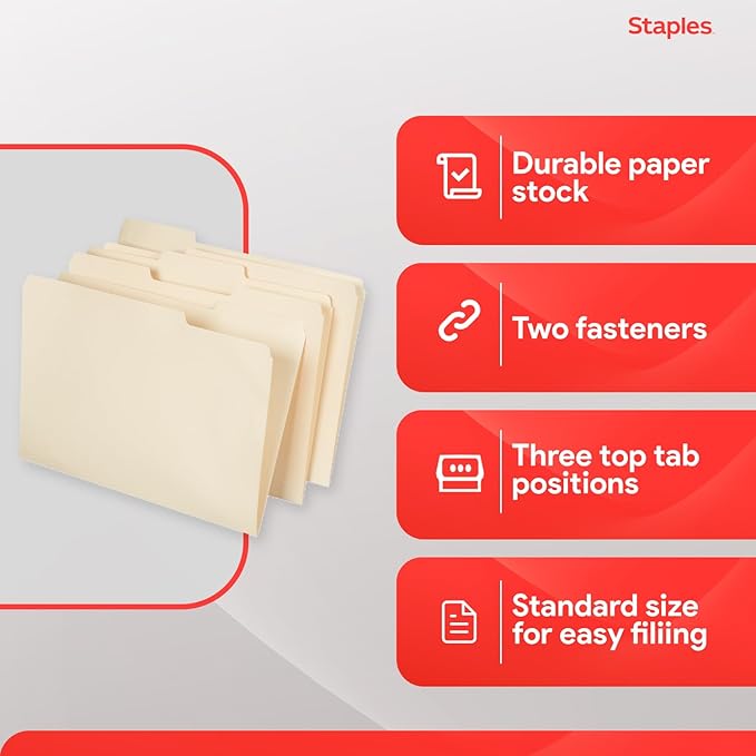 Staples Reinforced Classification Folder with Fasteners, Letter Size, 3/4″ Expansion, Manila Pressboard, Durable Construction, 50/Pack